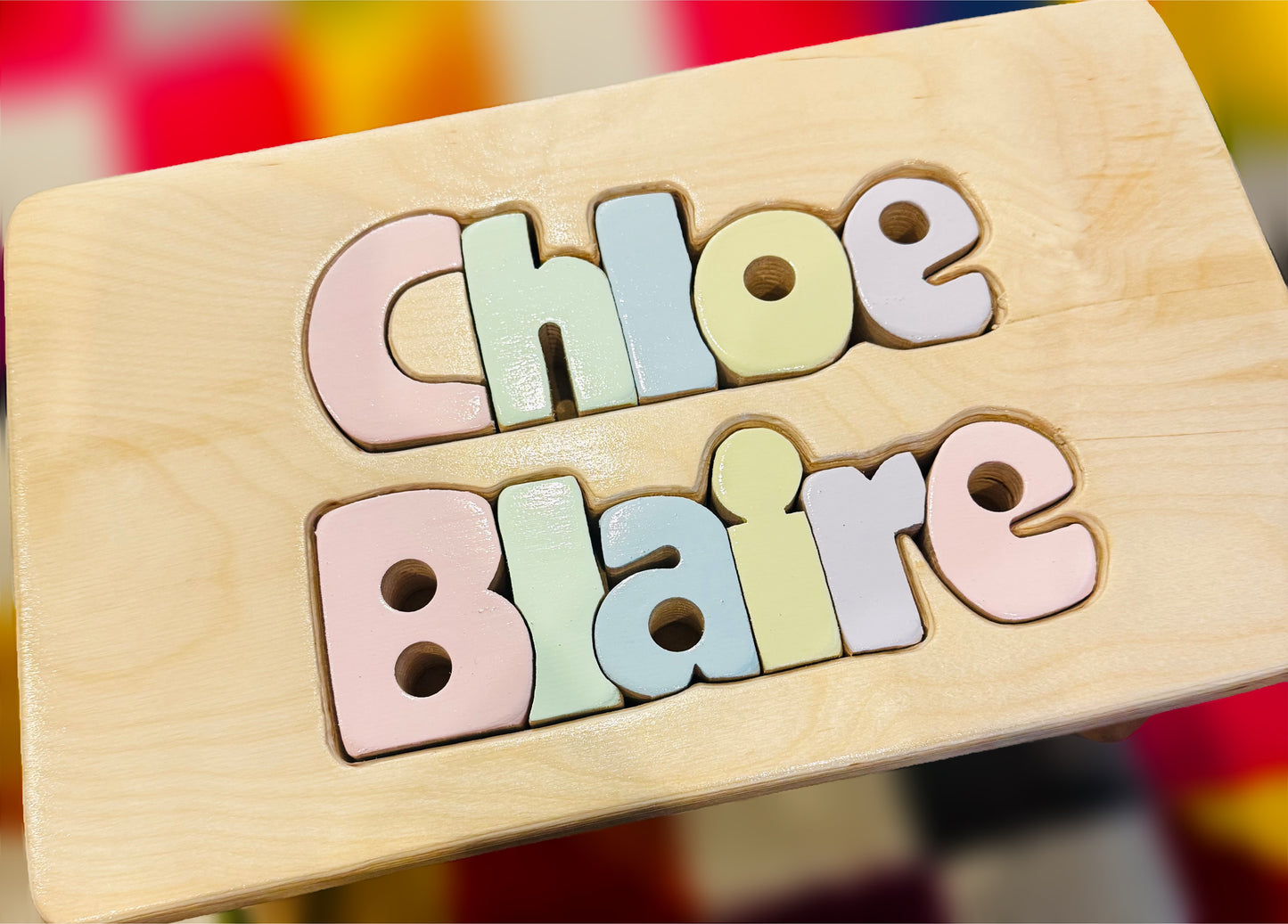 Natural Wood Two-Line Personalized Puzzle Stool