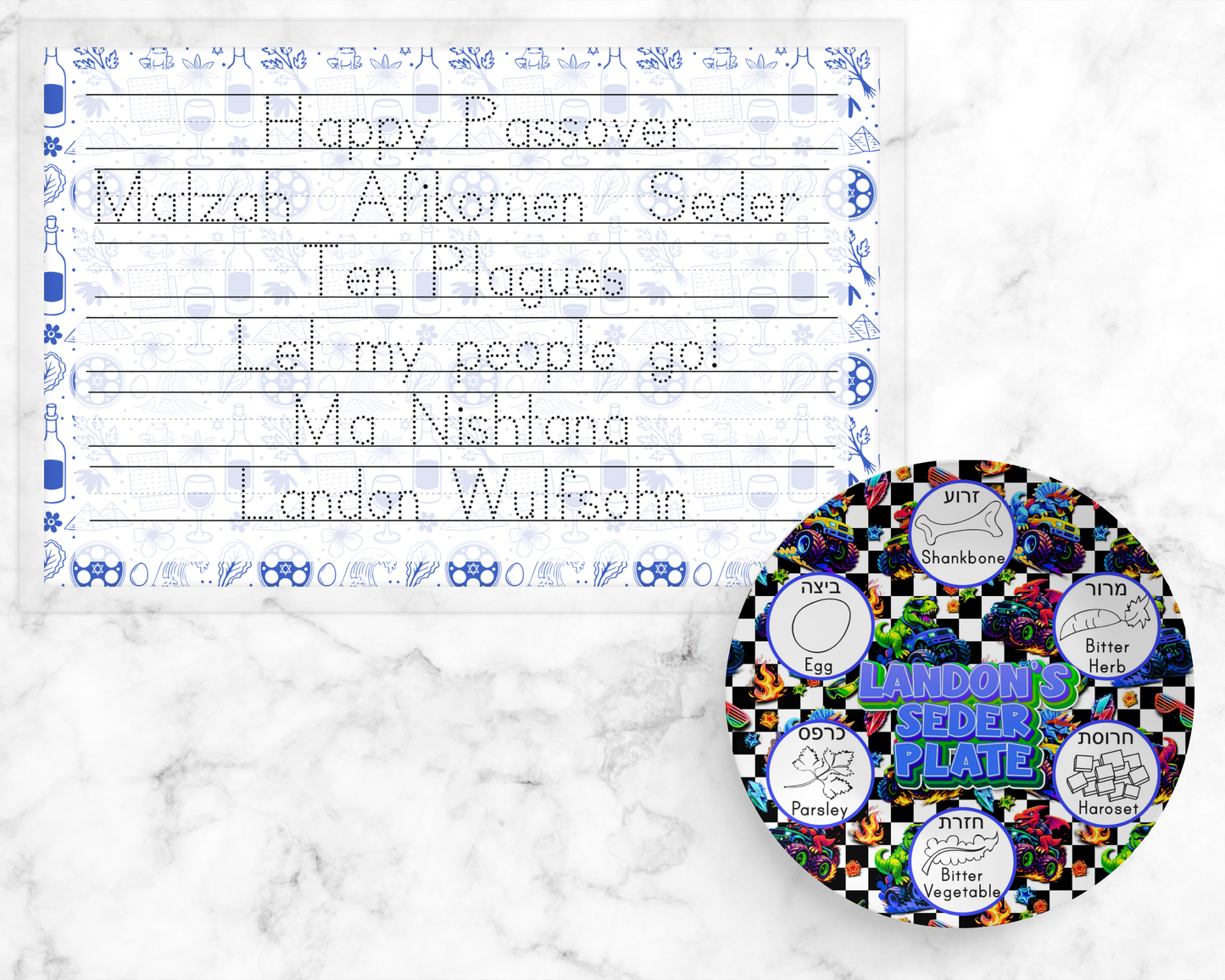 Personalized Passover Kids Placemats | Reusable Seder Activity Mat + Dry Erase Markers