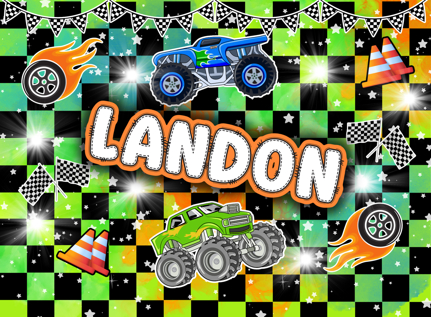 032- green and teal monster trucks