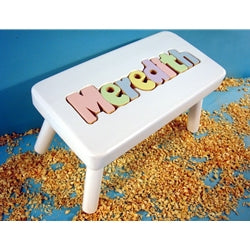 White Wood Personalized Name Puzzle Stool