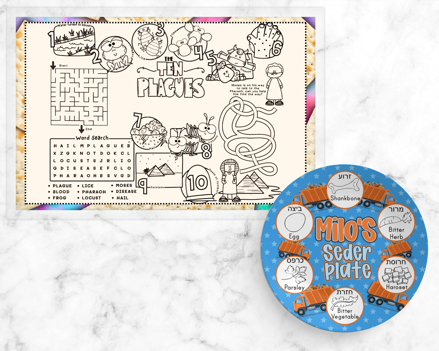 Personalized Passover Kids Placemats | Reusable Seder Activity Mat + Dry Erase Markers