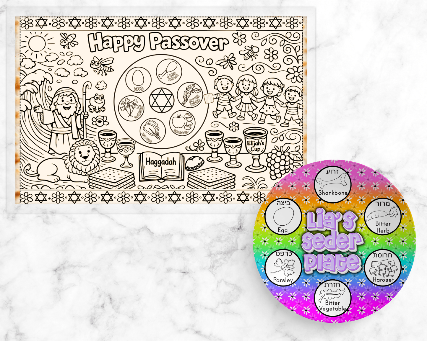 Personalized Passover Kids Placemats | Reusable Seder Activity Mat + Dry Erase Markers